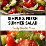 Bowl of cucumber tomato feta salad topped with olive oil, a bright fresh salad recipe for summer days